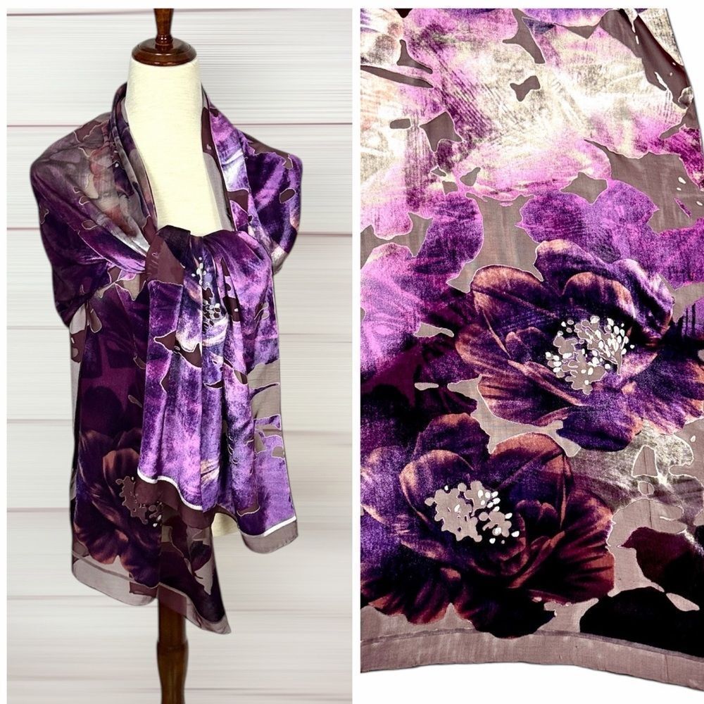 Large Purple Floral Scarf Shawl Burnout Velvet Silk (?) Hand Rolled 20x80"